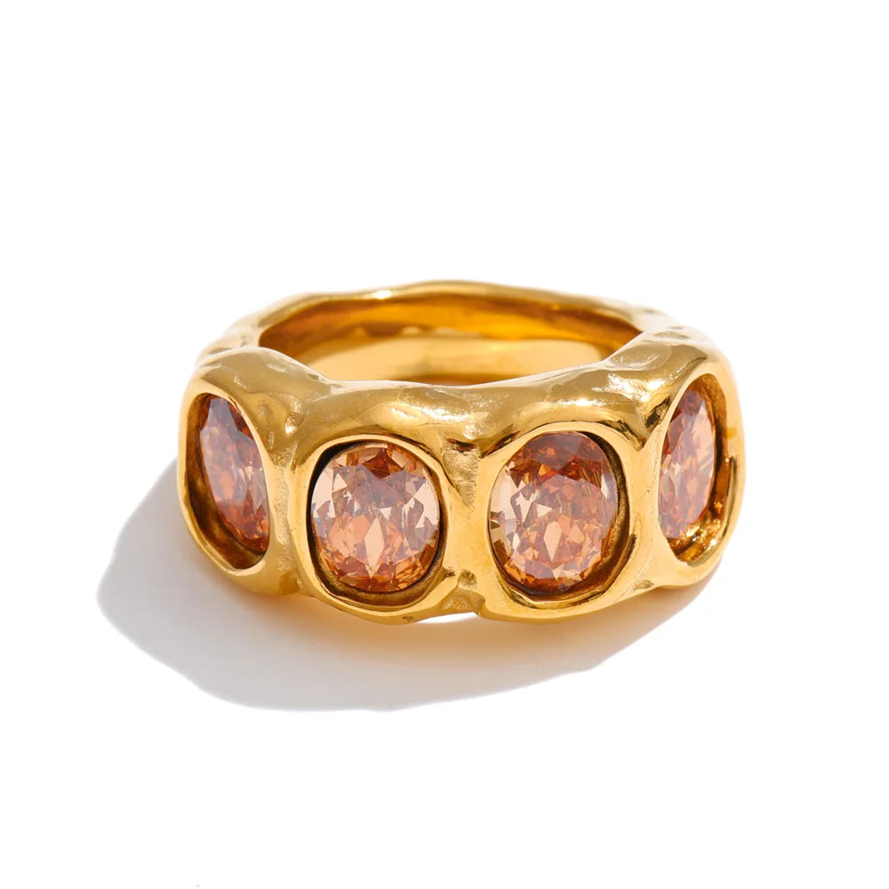 Maisie Ring – chunky hammered band with oval champagne zircons. Sizes 6-8. Tarnish-free stainless steel, silver or gold-tone. Bold statement.