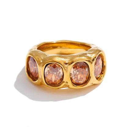 Maisie Ring – chunky hammered band with oval champagne zircons. Sizes 6-8. Tarnish-free stainless steel, silver or gold-tone. Bold statement.