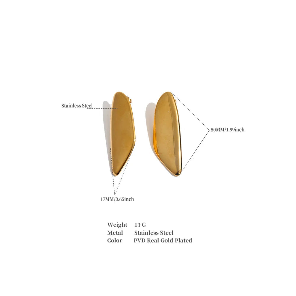 Gold-toned stainless steel earrings shown on a white background with measurement callouts and a small specification table. The image includes text labels pointing to the earrings and dimensions, making it an auxiliary informational product image rather than a plain product shot.