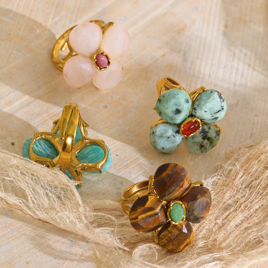 Shop the Montana Ring: bold floral cluster ring in four natural-look colourways. Adjustable, waterproof stainless steel in 18k gold-tone.