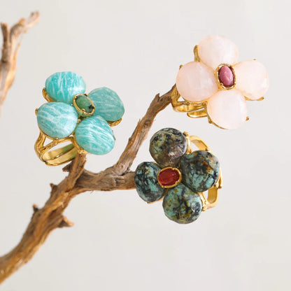 Shop the Montana Ring: bold floral cluster ring in four natural-look colourways. Adjustable, waterproof stainless steel in 18k gold-tone.