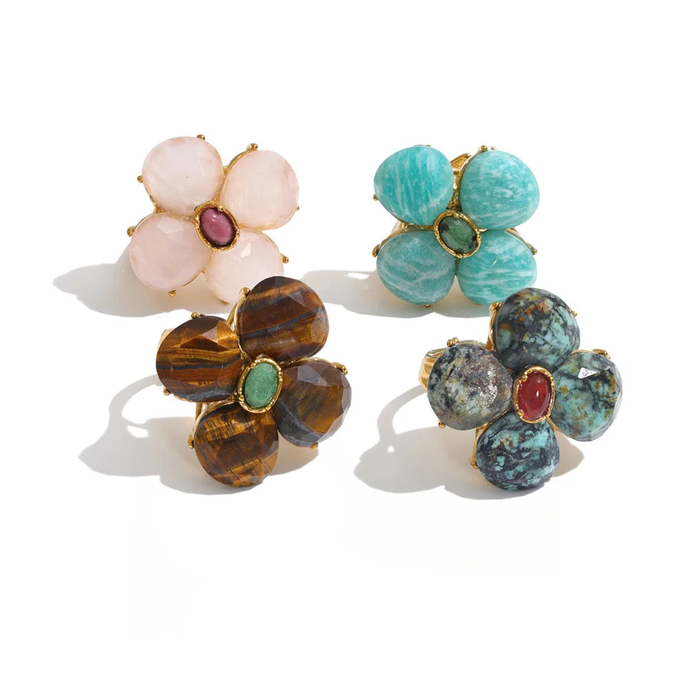 Shop the Montana Ring: bold floral cluster ring in four natural-look colourways. Adjustable, waterproof stainless steel in 18k gold-tone.