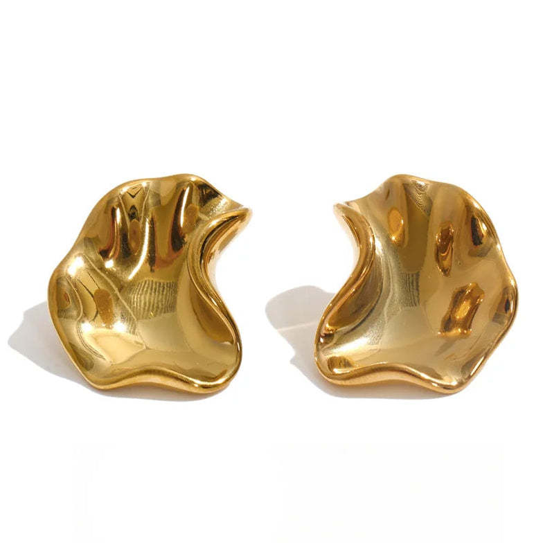 A pair of organic-shaped gold earrings with a hammered texture, stainless steel.