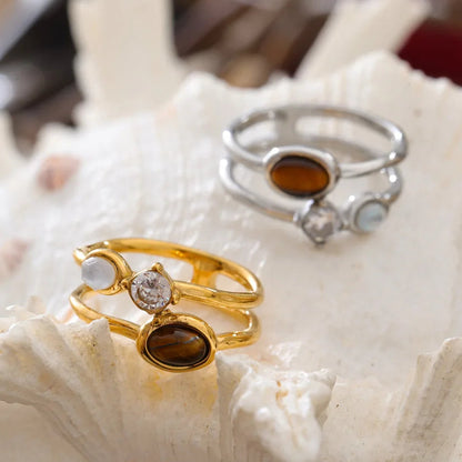 Gwen Ring – open double-band with zircon, moonstone & tiger's eye. Tarnish-free stainless steel, silver or gold-tone. 4 sizes.