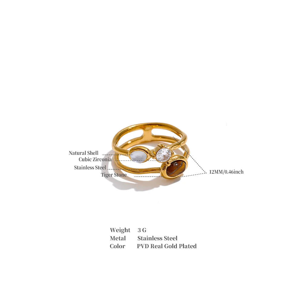 Gwen Ring – open double-band with zircon, moonstone & tiger's eye. Tarnish-free stainless steel, silver or gold-tone. 4 sizes.
