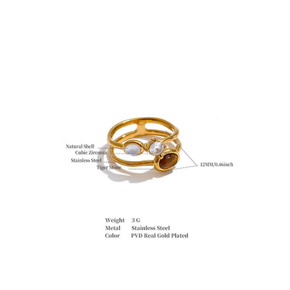 Gwen Ring – open double-band with zircon, moonstone & tiger's eye. Tarnish-free stainless steel, silver or gold-tone. 4 sizes.