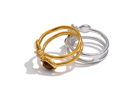 Gwen Ring – open double-band with zircon, moonstone & tiger's eye. Tarnish-free stainless steel, silver or gold-tone. 4 sizes.