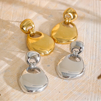 Rochelle Earrings – sculptural pebble drop earrings with a polished finish. Tarnish-free stainless steel, silver or gold-tone. Modern statement.