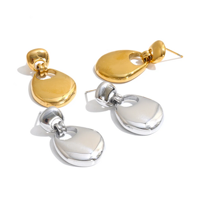Rochelle Earrings – sculptural pebble drop earrings with a polished finish. Tarnish-free stainless steel, silver or gold-tone. Modern statement.
