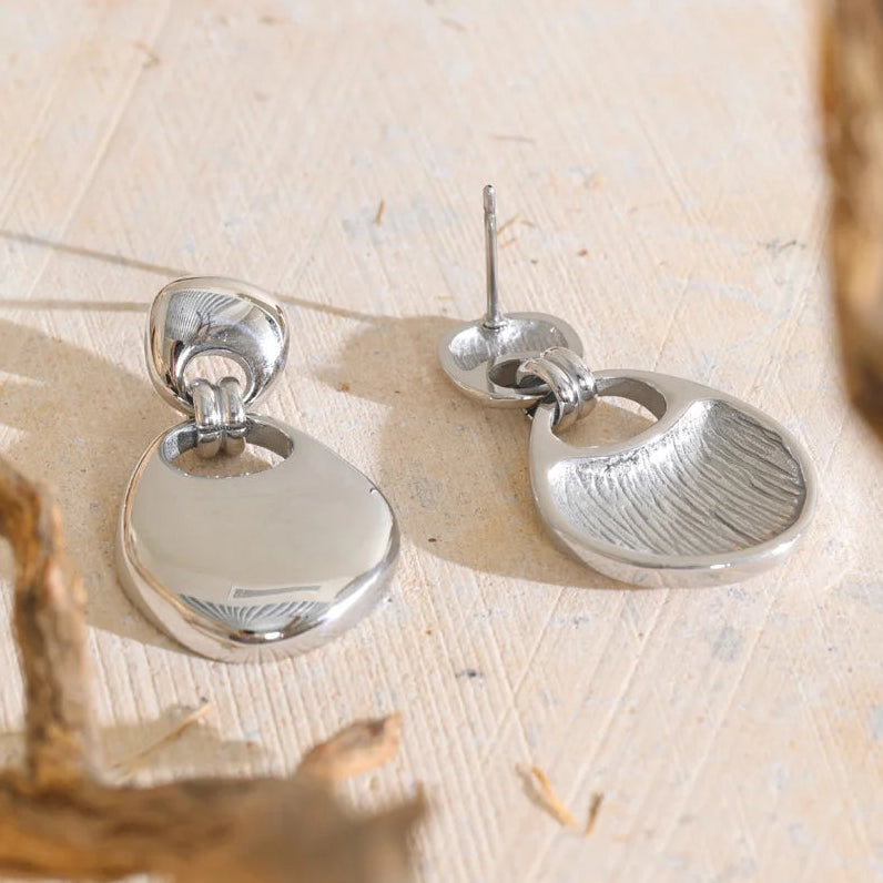 Rochelle Earrings – sculptural pebble drop earrings with a polished finish. Tarnish-free stainless steel, silver or gold-tone. Modern statement.
