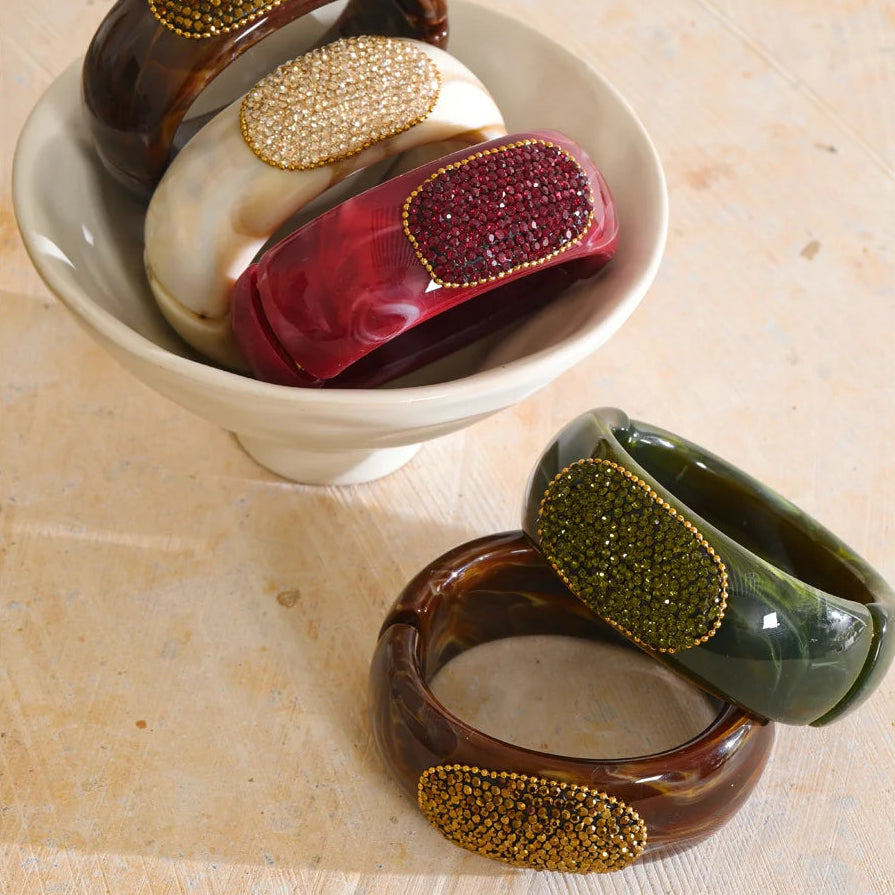Ruby Bangle – chunky marbled resin bangle with a pavé crystal panel. Wine, espresso, jade or champagne. Hinged for easy wear.