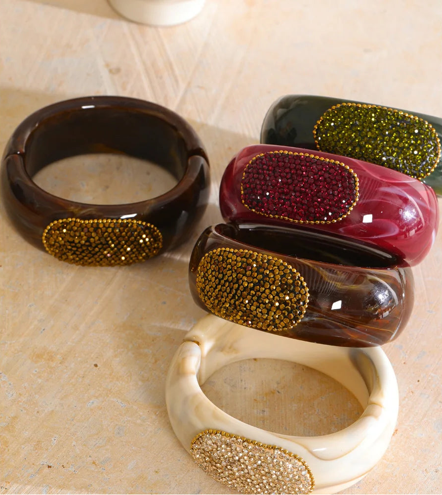 Ruby Bangle – chunky marbled resin bangle with a pavé crystal panel. Wine, espresso, jade or champagne. Hinged for easy wear.