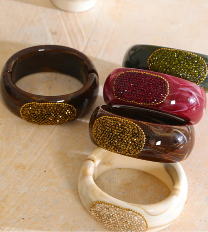 Ruby Bangle – chunky marbled resin bangle with a pavé crystal panel. Wine, espresso, jade or champagne. Hinged for easy wear.