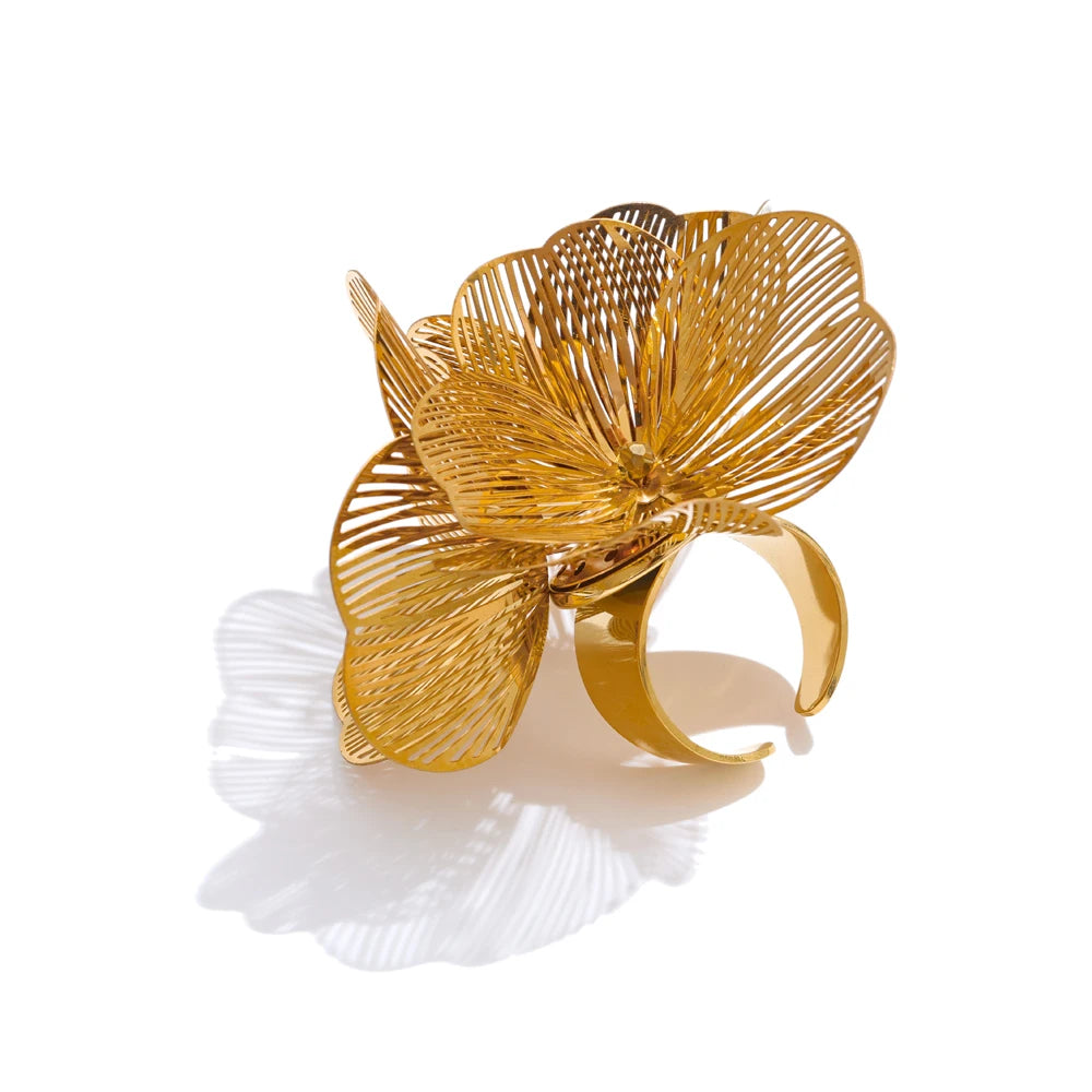 Gold floral ring adjustable, on a white background Stainless steel waterproof