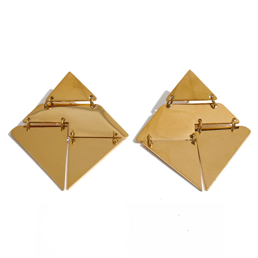 A pair of geometric gold-tone earrings with layered diamond and triangle shapes, stainless steel