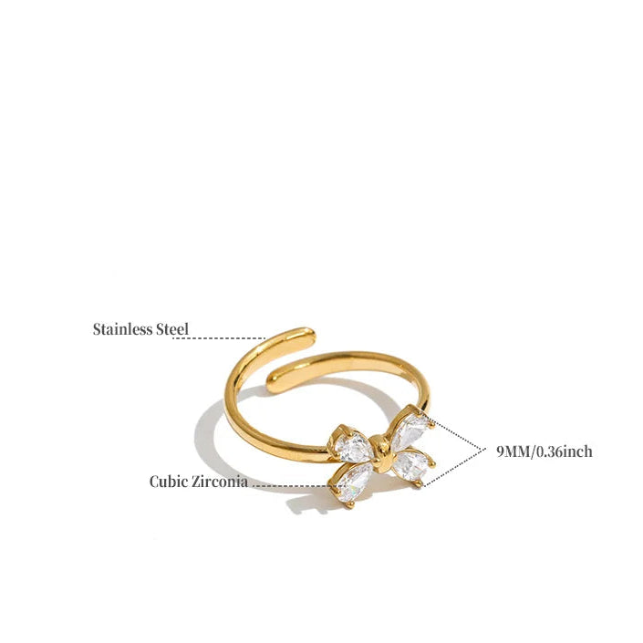 Gold-plated stainless steel open ring earring with cubic zirconia stones, shown on a white background with text labels indicating materials and dimensions.