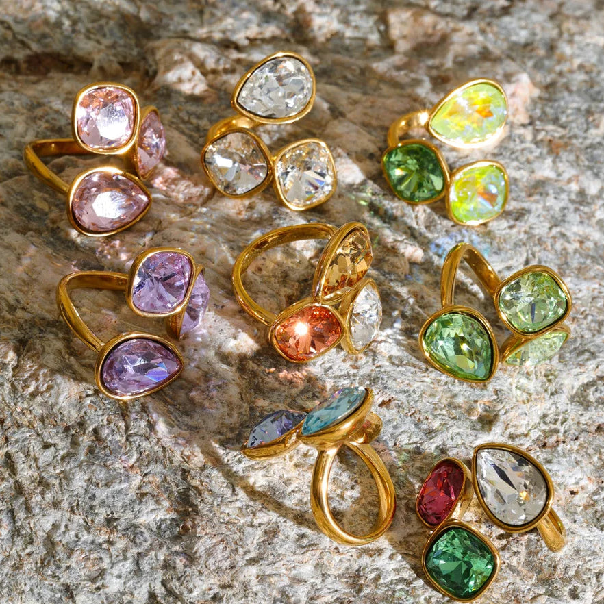Sadie Ring – adjustable gold wrap ring with three gradient crystals in lilac, pink, green, aqua and more. Tarnish-free stainless steel.