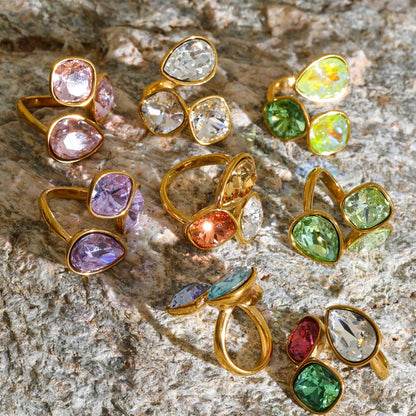 Sadie Ring – adjustable gold wrap ring with three gradient crystals in lilac, pink, green, aqua and more. Tarnish-free stainless steel.