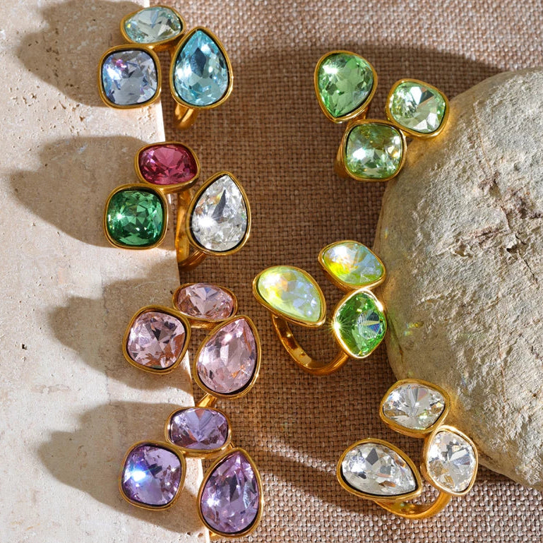 Sadie Ring – adjustable gold wrap ring with three gradient crystals in lilac, pink, green, aqua and more. Tarnish-free stainless steel.