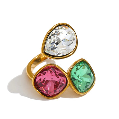 Sadie Ring – adjustable gold wrap ring with three gradient crystals in lilac, pink, green, aqua and more. Tarnish-free stainless steel.