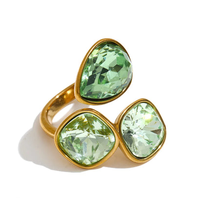 Sadie Ring – adjustable gold wrap ring with three gradient crystals in lilac, pink, green, aqua and more. Tarnish-free stainless steel.
