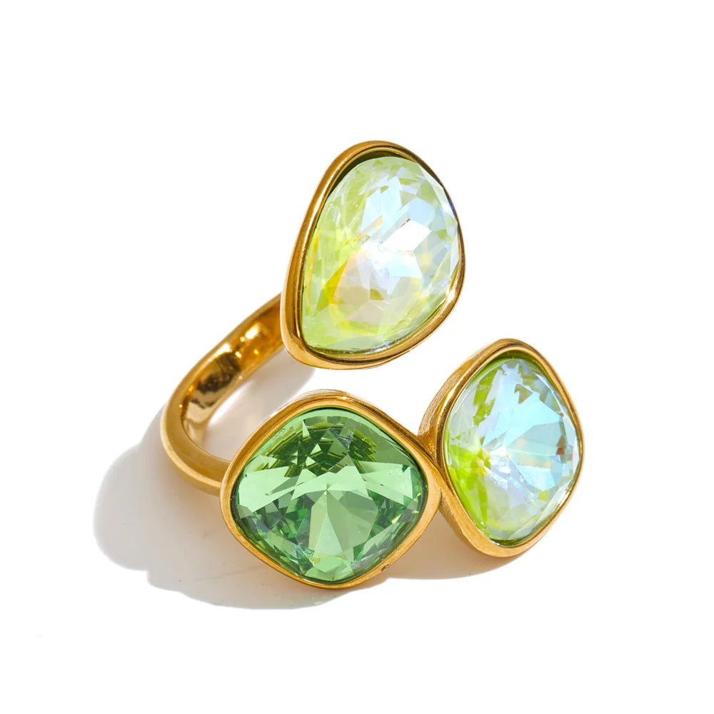 Sadie Ring – adjustable gold wrap ring with three gradient crystals in lilac, pink, green, aqua and more. Tarnish-free stainless steel.