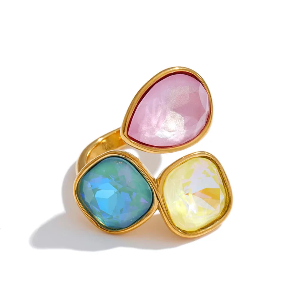 Sadie Ring – adjustable gold wrap ring with three gradient crystals in lilac, pink, green, aqua and more. Tarnish-free stainless steel.