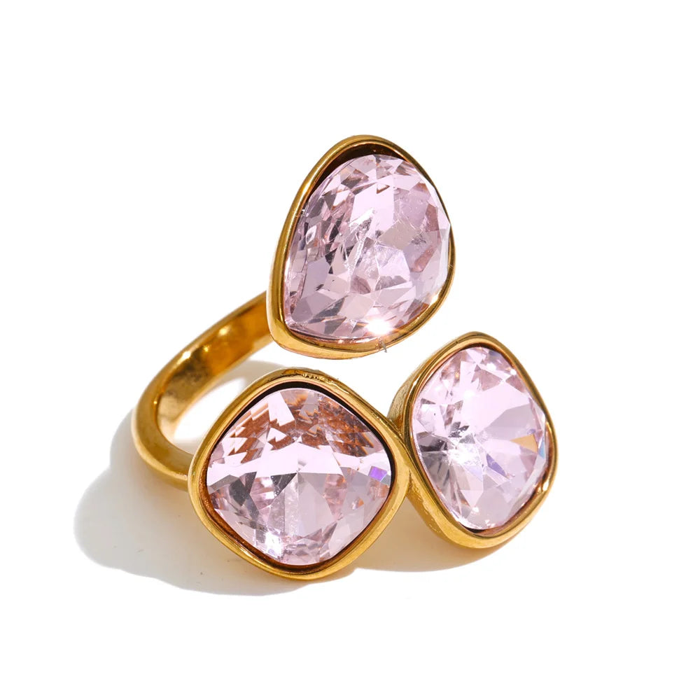 Sadie Ring – adjustable gold wrap ring with three gradient crystals in lilac, pink, green, aqua and more. Tarnish-free stainless steel.