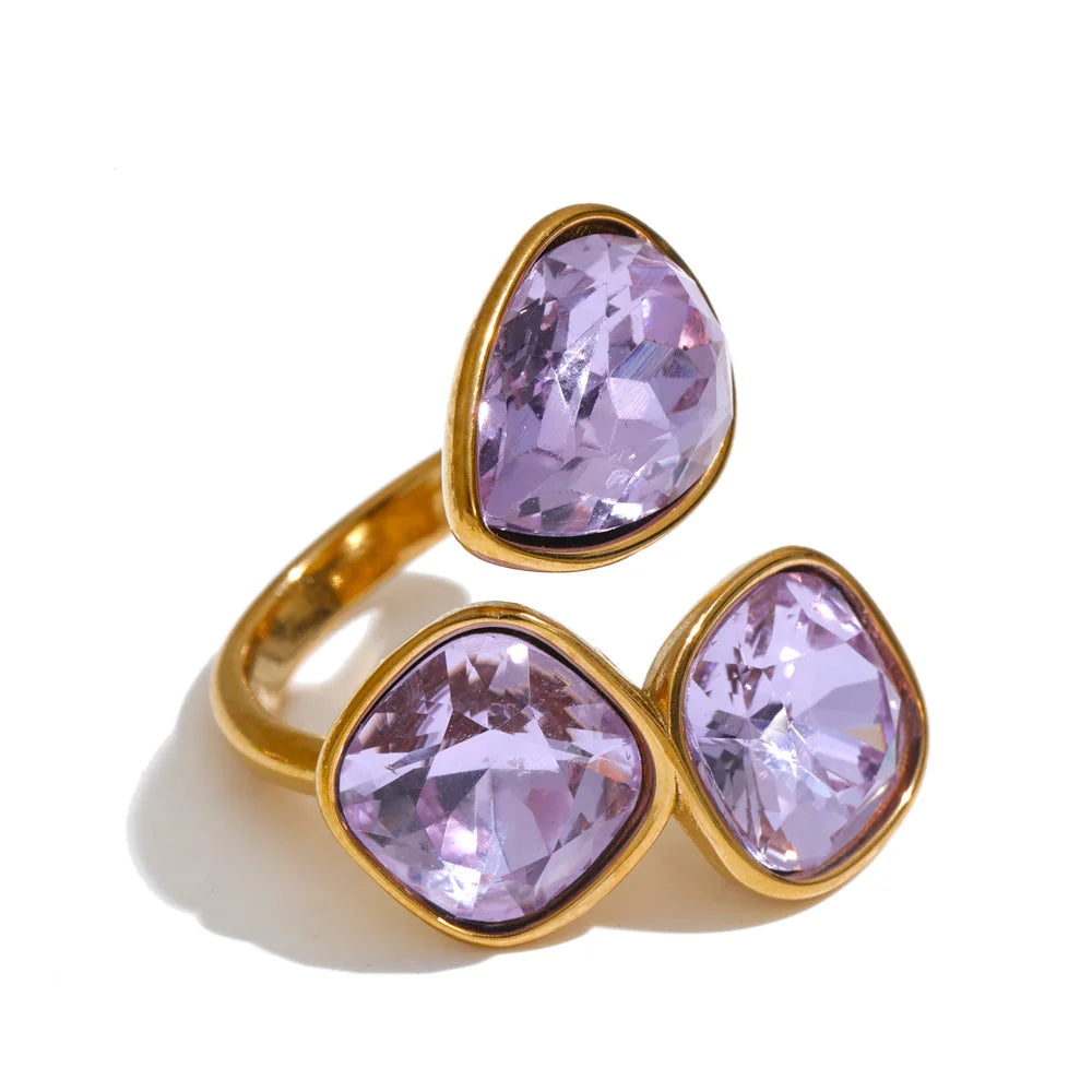 Sadie Ring – adjustable gold wrap ring with three gradient crystals in lilac, pink, green, aqua and more. Tarnish-free stainless steel.