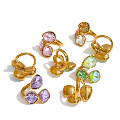 Sadie Ring – adjustable gold wrap ring with three gradient crystals in lilac, pink, green, aqua and more. Tarnish-free stainless steel.