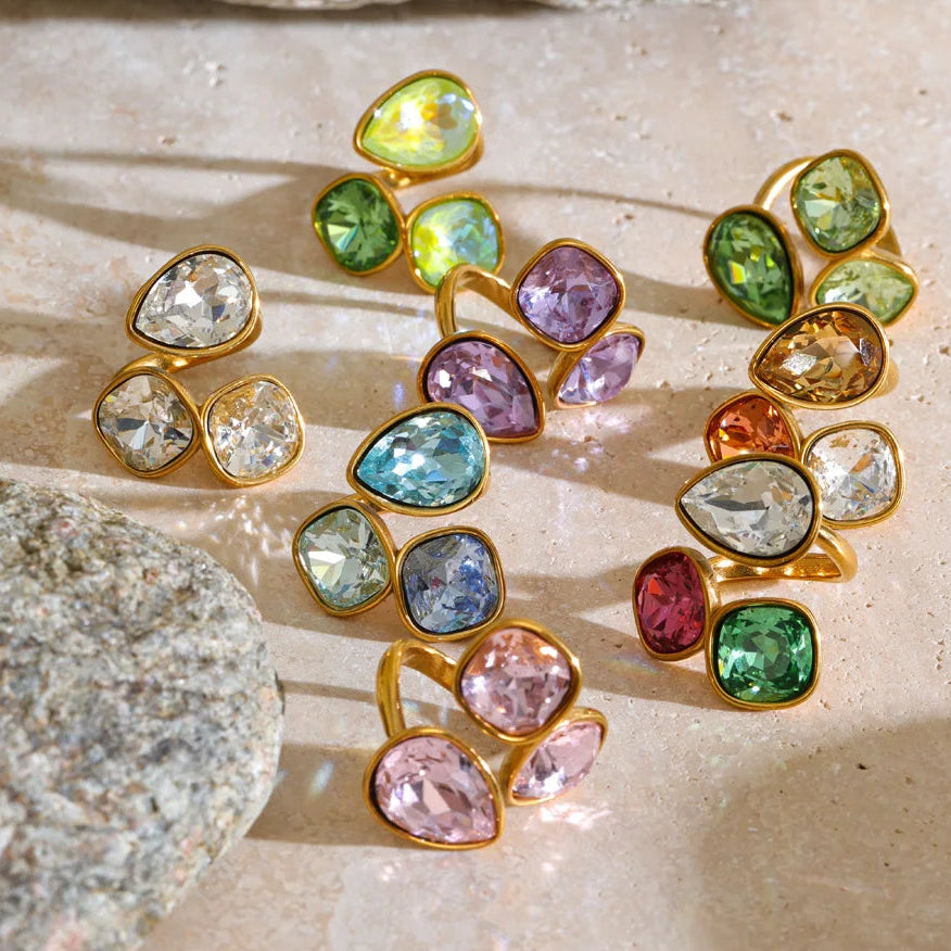 Sadie Ring – adjustable gold wrap ring with three gradient crystals in lilac, pink, green, aqua and more. Tarnish-free stainless steel.
