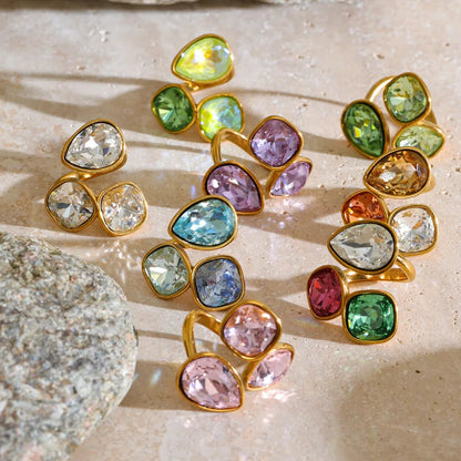 Sadie Ring – adjustable gold wrap ring with three gradient crystals in lilac, pink, green, aqua and more. Tarnish-free stainless steel.