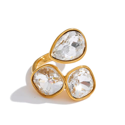 Sadie Ring – adjustable gold wrap ring with three gradient crystals in lilac, pink, green, aqua and more. Tarnish-free stainless steel.