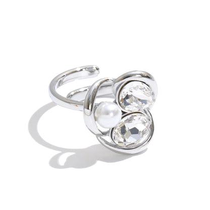 Keisha Ring – sculptural open-band ring with crystals and a faux pearl. Three colourways in silver or gold-tone. Adjustable, tarnish-free.