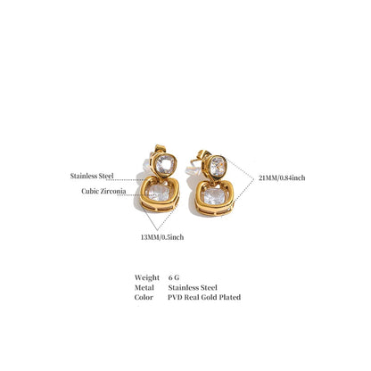 Shop the Sophie Earrings: modern drop studs with stacked cushion-cut zircons. Waterproof, hypoallergenic stainless steel in 18k gold-tone.