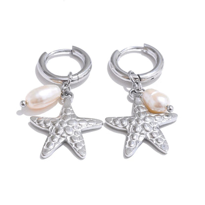 Gold  or silver stainless steel starfish pearl hoop earrings – waterproof jewellery by Astella