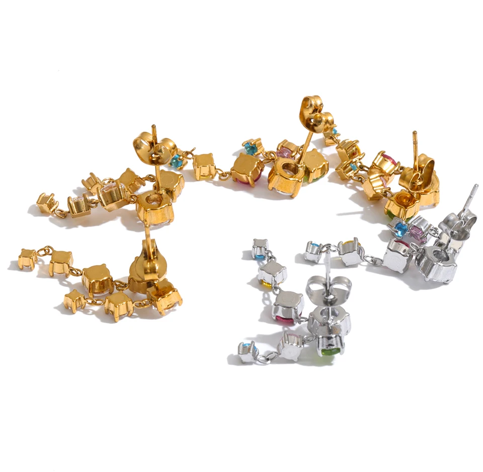 Tyla Earrings – cascading zircon drop earrings in multicolour or clear. Tarnish-free stainless steel, silver or gold-tone. Lightweight sparkle.