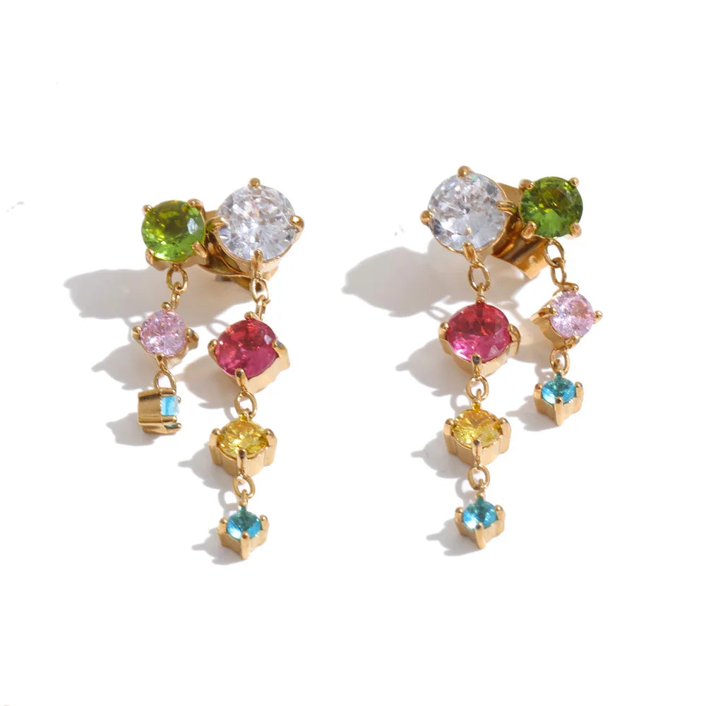 Tyla Earrings – cascading zircon drop earrings in multicolour or clear. Tarnish-free stainless steel, silver or gold-tone. Lightweight sparkle.