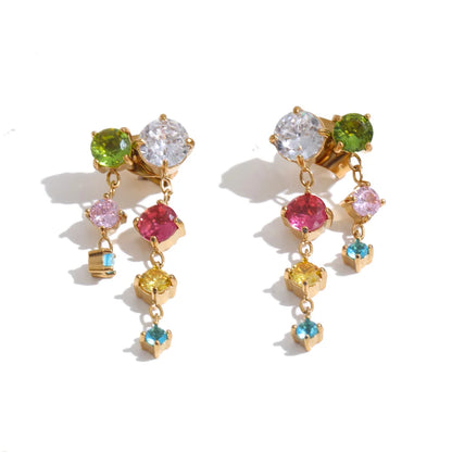 Tyla Earrings – cascading zircon drop earrings in multicolour or clear. Tarnish-free stainless steel, silver or gold-tone. Lightweight sparkle.