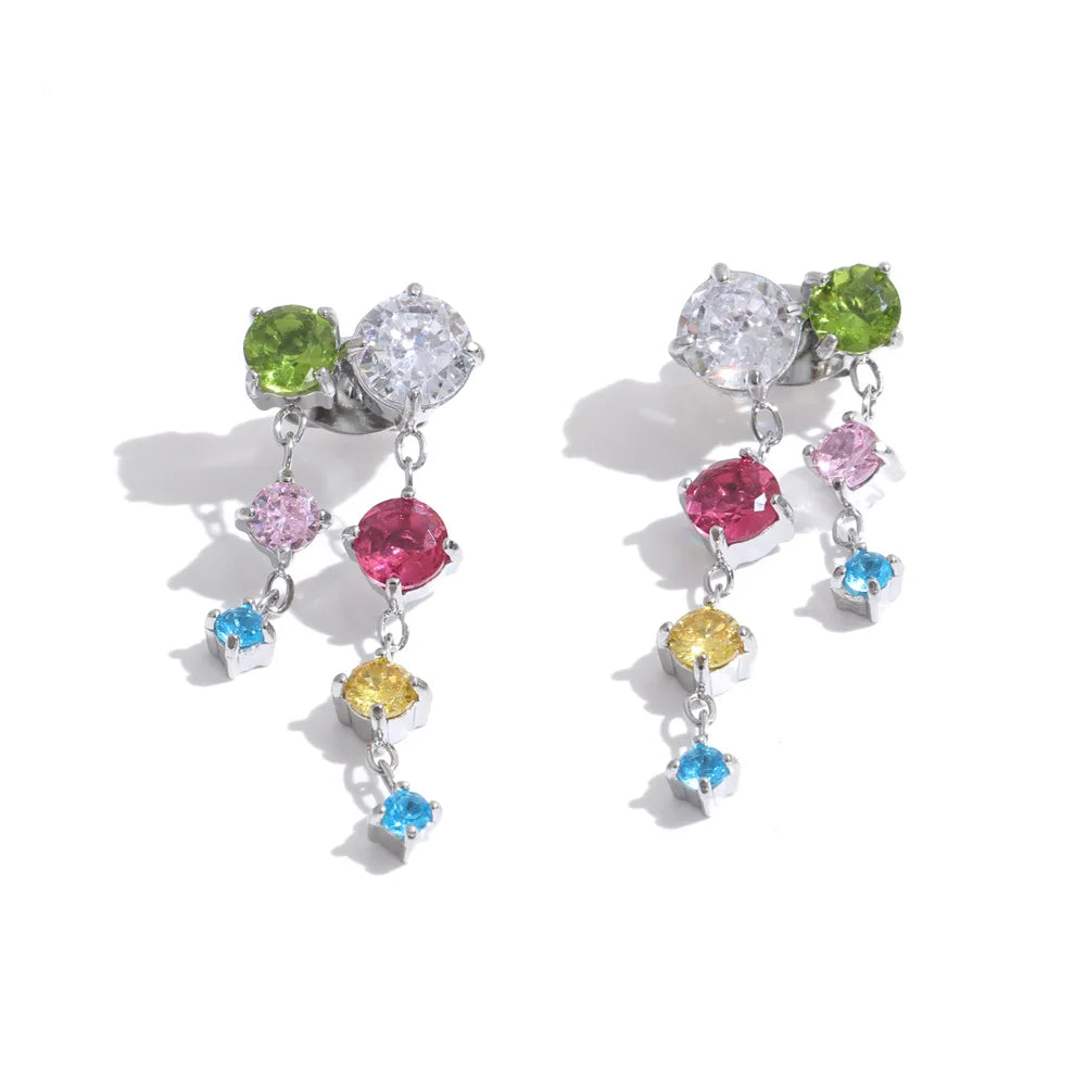 Tyla Earrings – cascading zircon drop earrings in multicolour or clear. Tarnish-free stainless steel, silver or gold-tone. Lightweight sparkle.