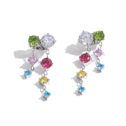 Tyla Earrings – cascading zircon drop earrings in multicolour or clear. Tarnish-free stainless steel, silver or gold-tone. Lightweight sparkle.