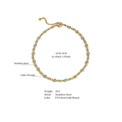 Vintage-inspired Vivienne Necklace: gold link chain with aqua-green stones and zircon halos. Tarnish-free stainless steel, adjustable fit.