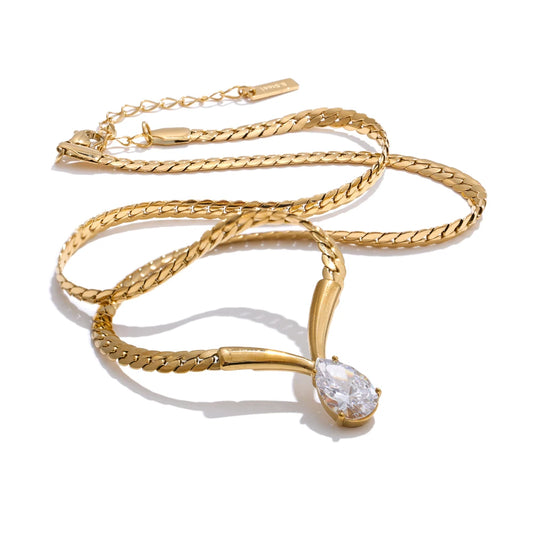 Whitney Necklace – sleek herringbone chain with a pear zircon pendant. Tarnish-free stainless steel, silver or gold. Adjustable fit.