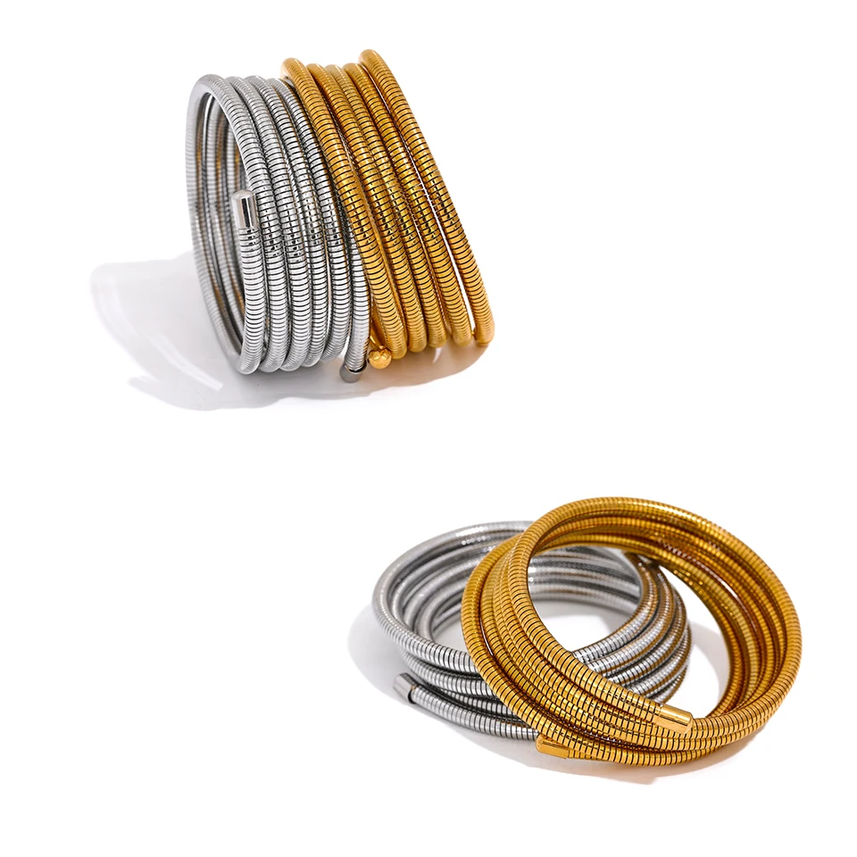 Two pairs of gold and silver bracelets on a white background with text about fashion and personal expression.