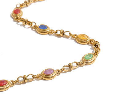 Catherine Necklace – gold chain with multicolour oval bezel-set stones. Tarnish-free stainless steel. Vintage-inspired everyday colour.