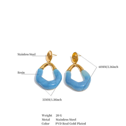 Blue and gold dangling earrings with measurement callouts and product details text on a white background.