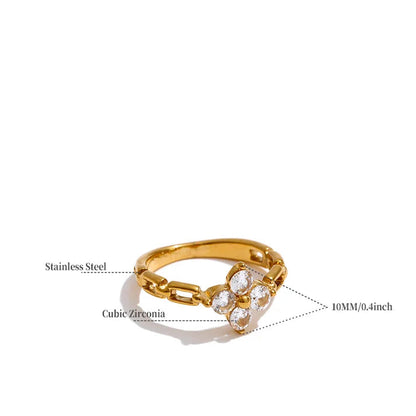 Gold ring with cubic zirconia stones on a white background