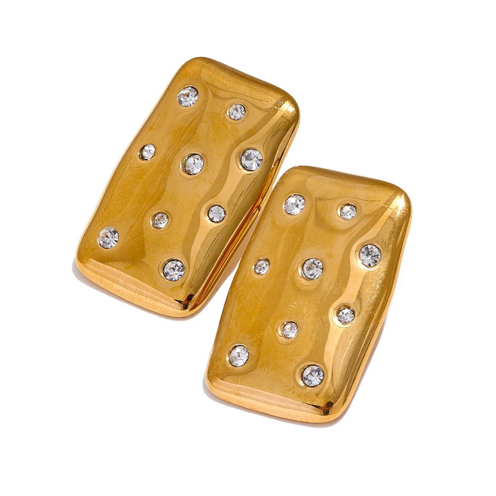 A pair of gold rectangular earrings with rounded corners, decorated with small clear rhinestones. Stainless steel waterproof