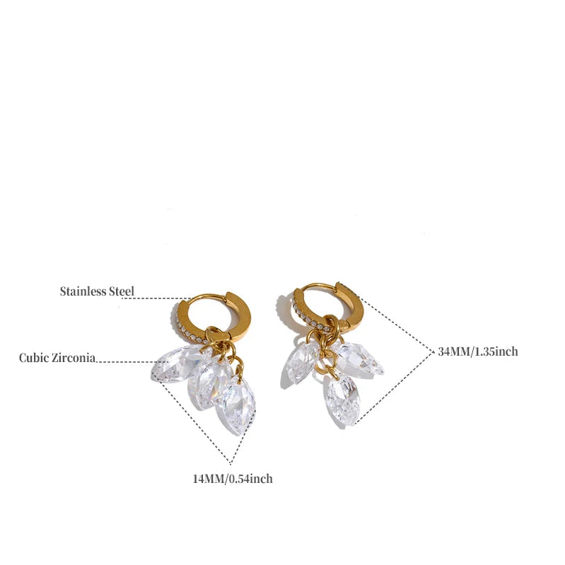Gold-plated stainless steel huggie hoop earrings with clear cubic zirconia leaf-shaped drops, shown with measurement callouts and product specifications on a white background.