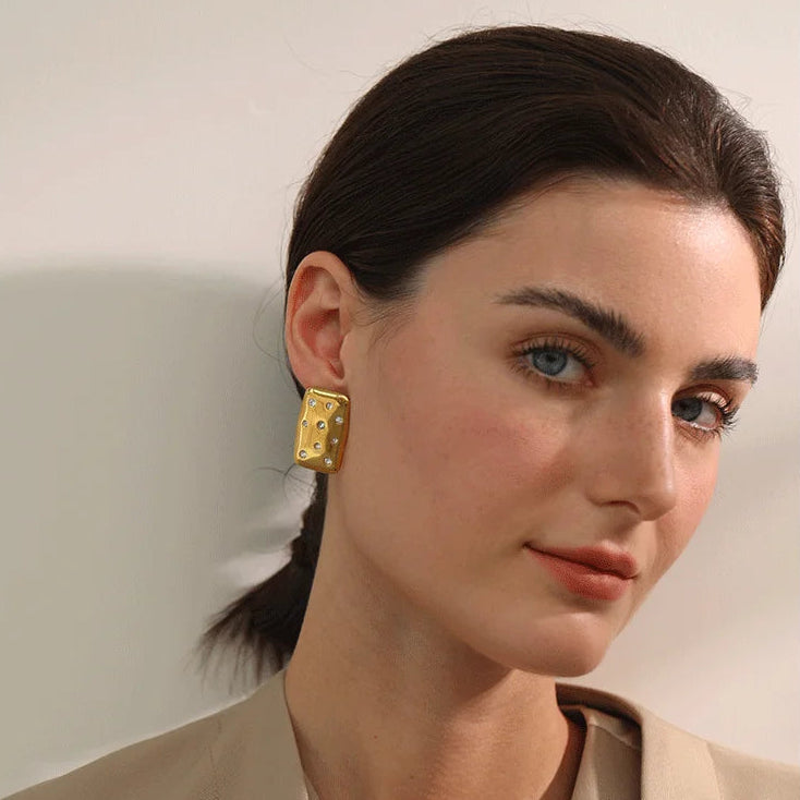 Keely Earrings on model. Stainless steel waterproof